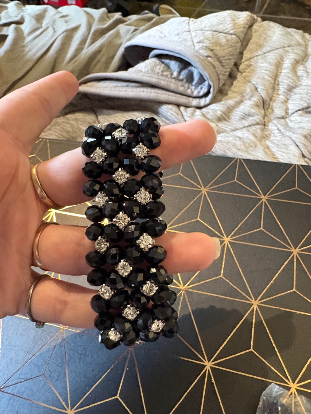 Black Beaded Crystal Stretch Bracelet - Women Jewelry